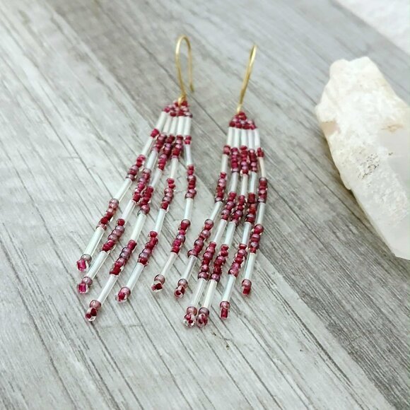 Boho Chic Beaded Fringe Dangle Earrings, Seed Bead Jewelry, 3.5" - Picture 6 of 11